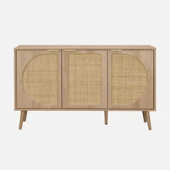 Skandinavisches Sideboard mit Holzdekor und abgerundetem Rattan-Geflecht 3 Türen B 120 cm