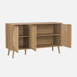 Skandinavisches Sideboard mit Holzdekor und abgerundetem Rattan-Geflecht 3 Türen B 120 cm