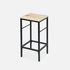 Stehtisch mit Holzdekor und Metall mit 2 Regalen + 2 Hocker