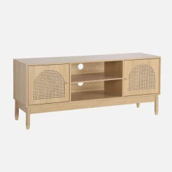 TV Möbel Holzdekor und Rattan-Geflecht 2 Türen 140cm