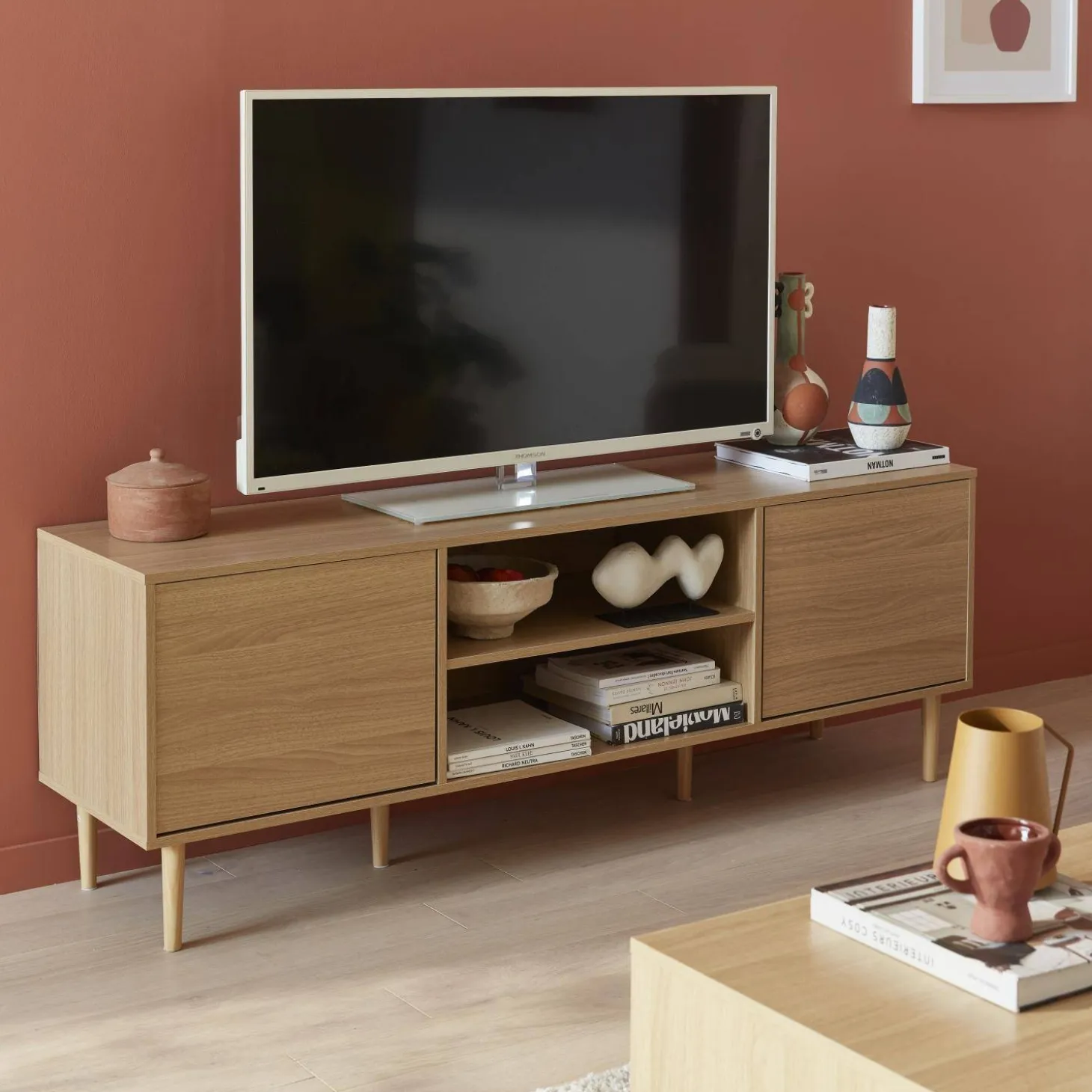TV-Möbel in Naturholzeffekt - 2 Schubladen - 2 Ebenen - 2 Türen L 160 cm