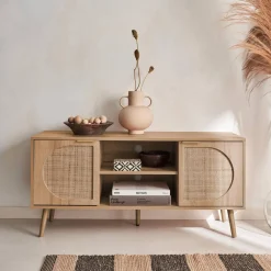 TV-Möbel mit Holzdekor und abgerundetem Rattan-Geflecht 120 cm