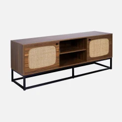 TV-Möbel mit Holzdekor und Rattan-Geflecht abgerundet 2 Türen - 140cm