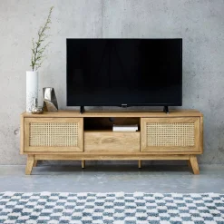 TV-Möbel mit Schiebetüren, Fach, Regal in Holzoptik und Rattan-Geflecht 150cm