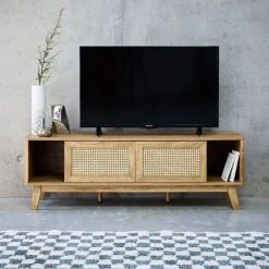 TV-Möbel mit Schiebetüren, Fach, Regal in Holzoptik und Rattan-Geflecht 150cm