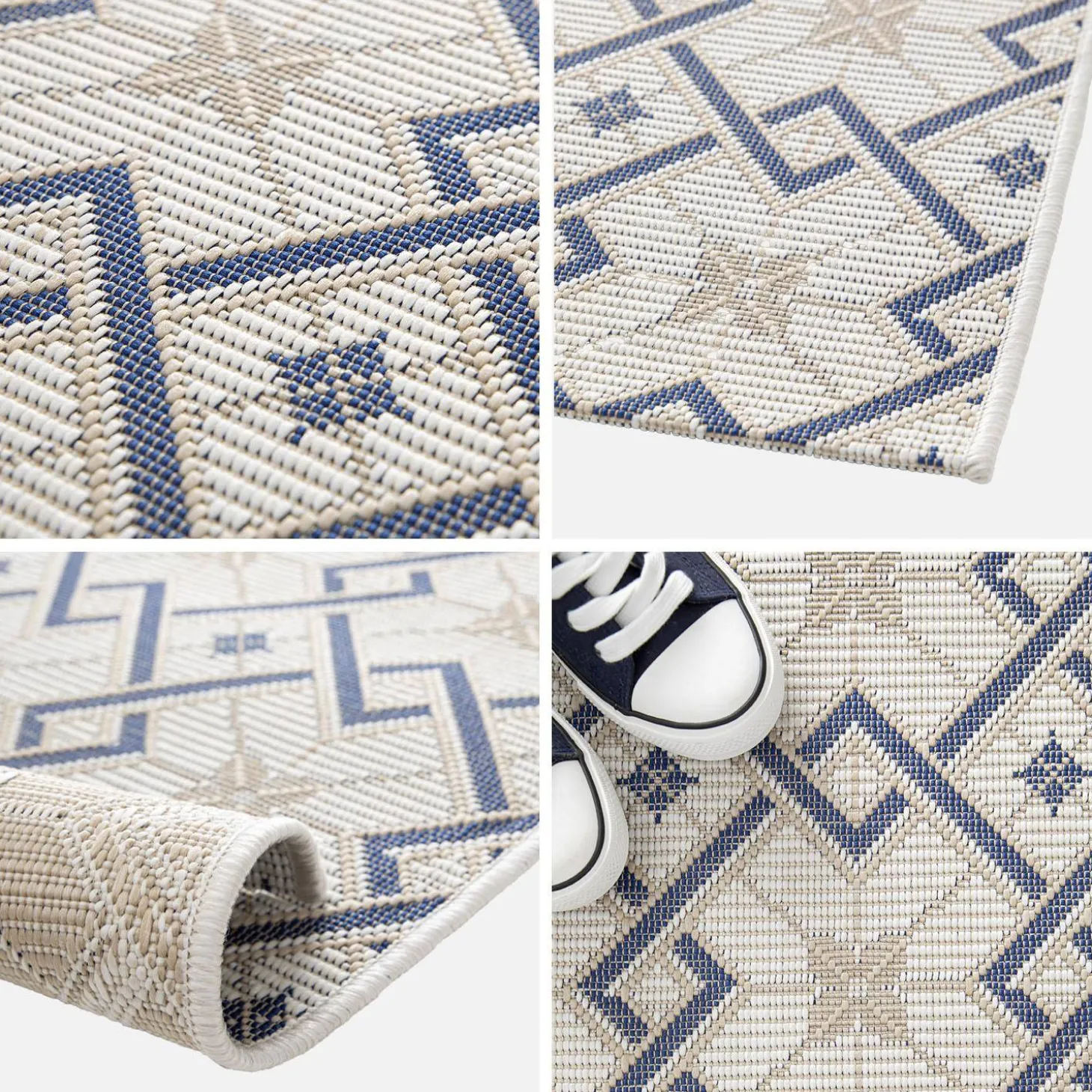 Vintage Innen-/Außenteppich Creme Beige Blau
