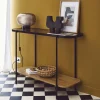 Vintage-Konsole aus schwarzem Metall mit Glasplatten und Holzdekor 110 cm