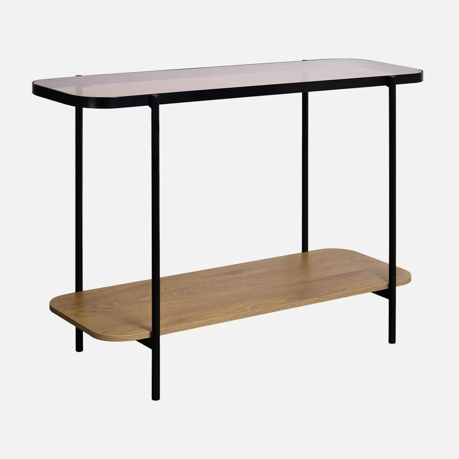 Vintage-Konsole aus schwarzem Metall mit Glasplatten und Holzdekor 110 cm