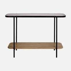 Vintage-Konsole aus schwarzem Metall mit Glasplatten und Holzdekor 110 cm