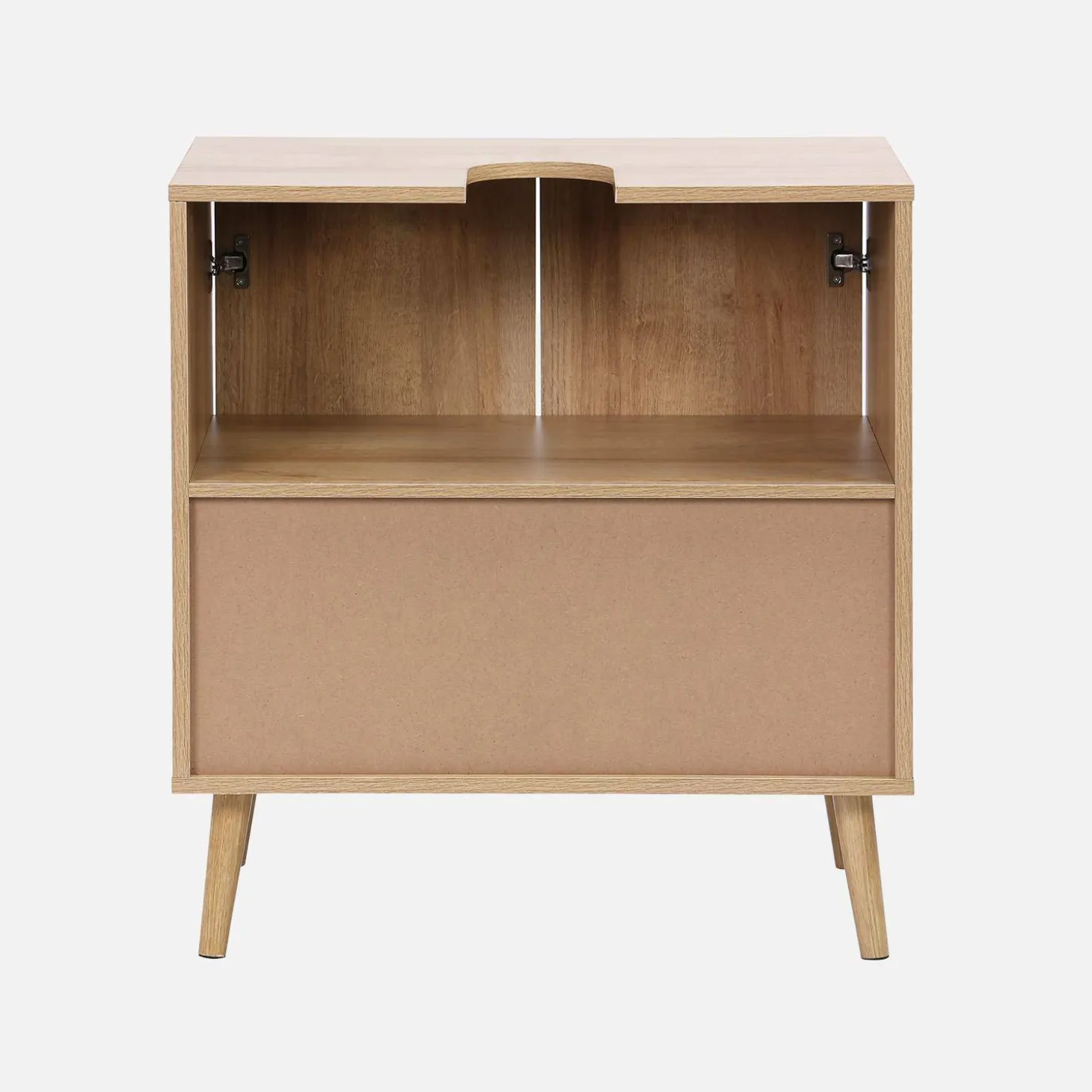 Waschtischuntergestell in Holzdekor und Rattan.