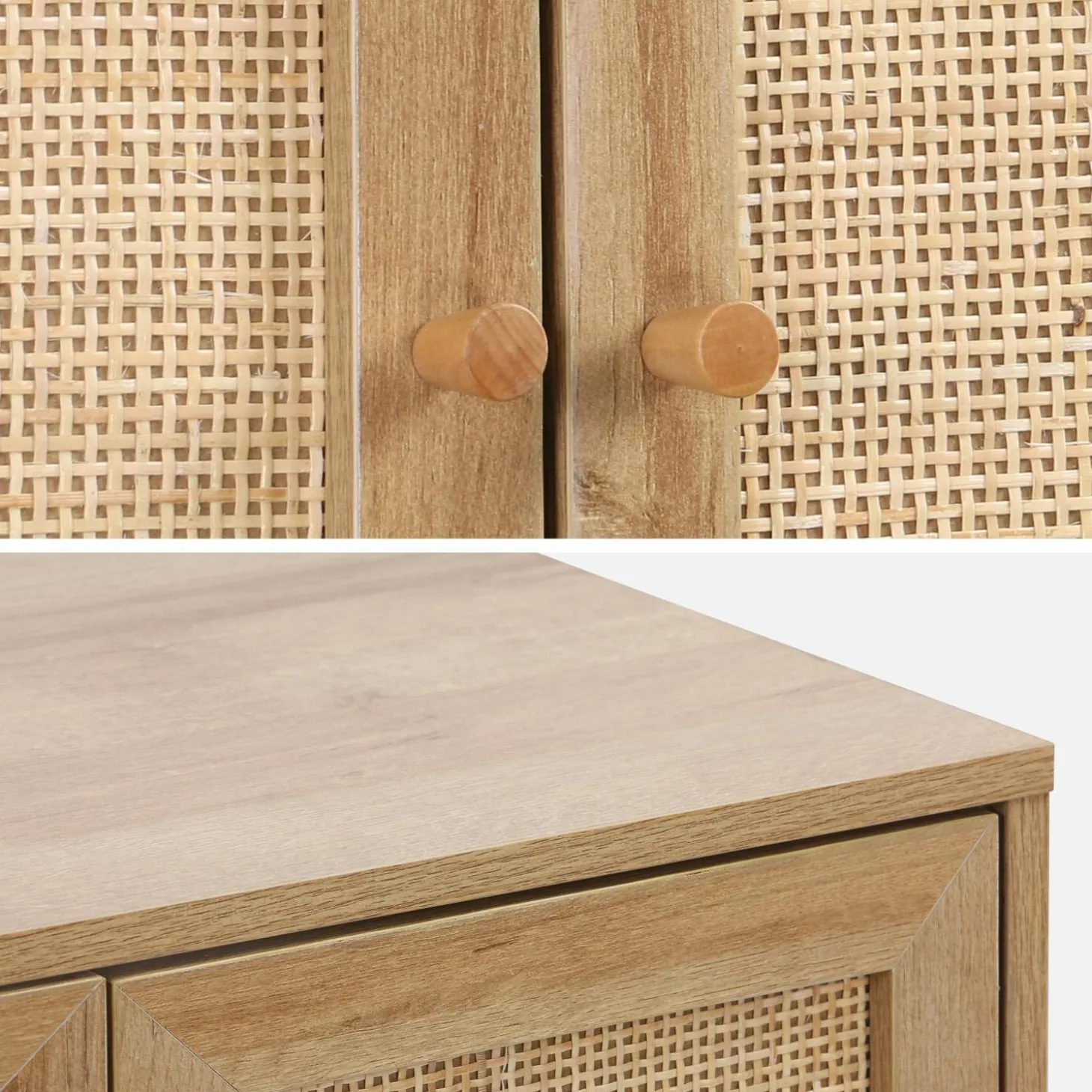 Waschtischuntergestell in Holzdekor und Rattan.
