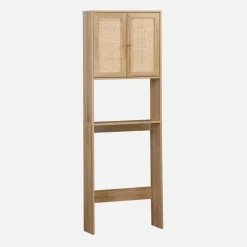 WC-Regal mit Holzdekor und Rattan-Geflecht