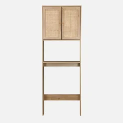 WC-Regal mit Holzdekor und Rattan-Geflecht