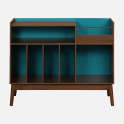 Zweifarbiger Vintage Schallplattenschrank mit Holzdekor und farbigem Hintergrund 100cm