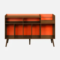Zweifarbiger Vintage XL Schallplattenschrank mit Holzdekor und farbigem Hintergrund 130cm