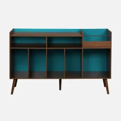 Zweifarbiger Vintage XL Schallplattenschrank mit Holzdekor und farbigem Hintergrund 130cm