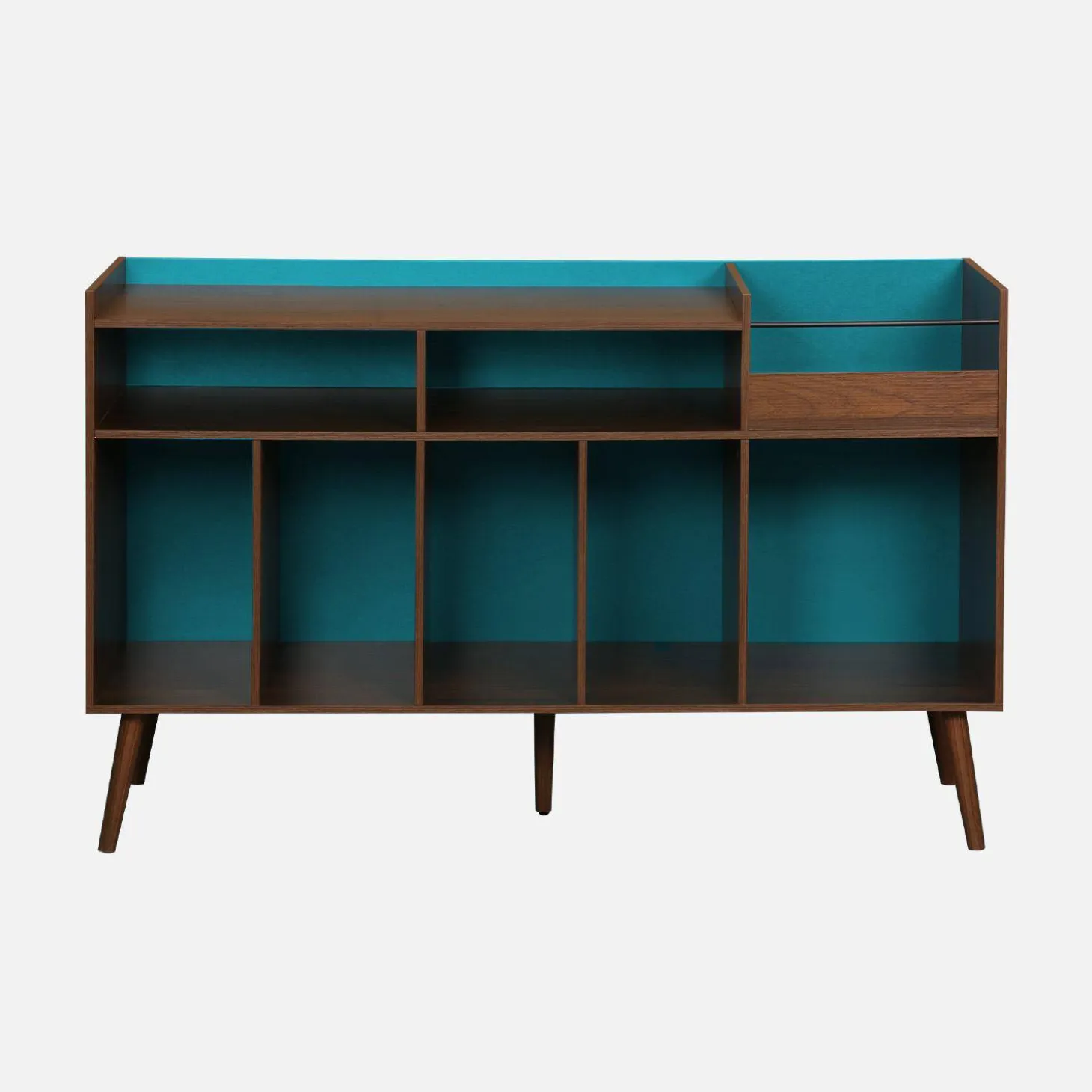 Zweifarbiger Vintage XL Schallplattenschrank mit Holzdekor und farbigem Hintergrund 130cm